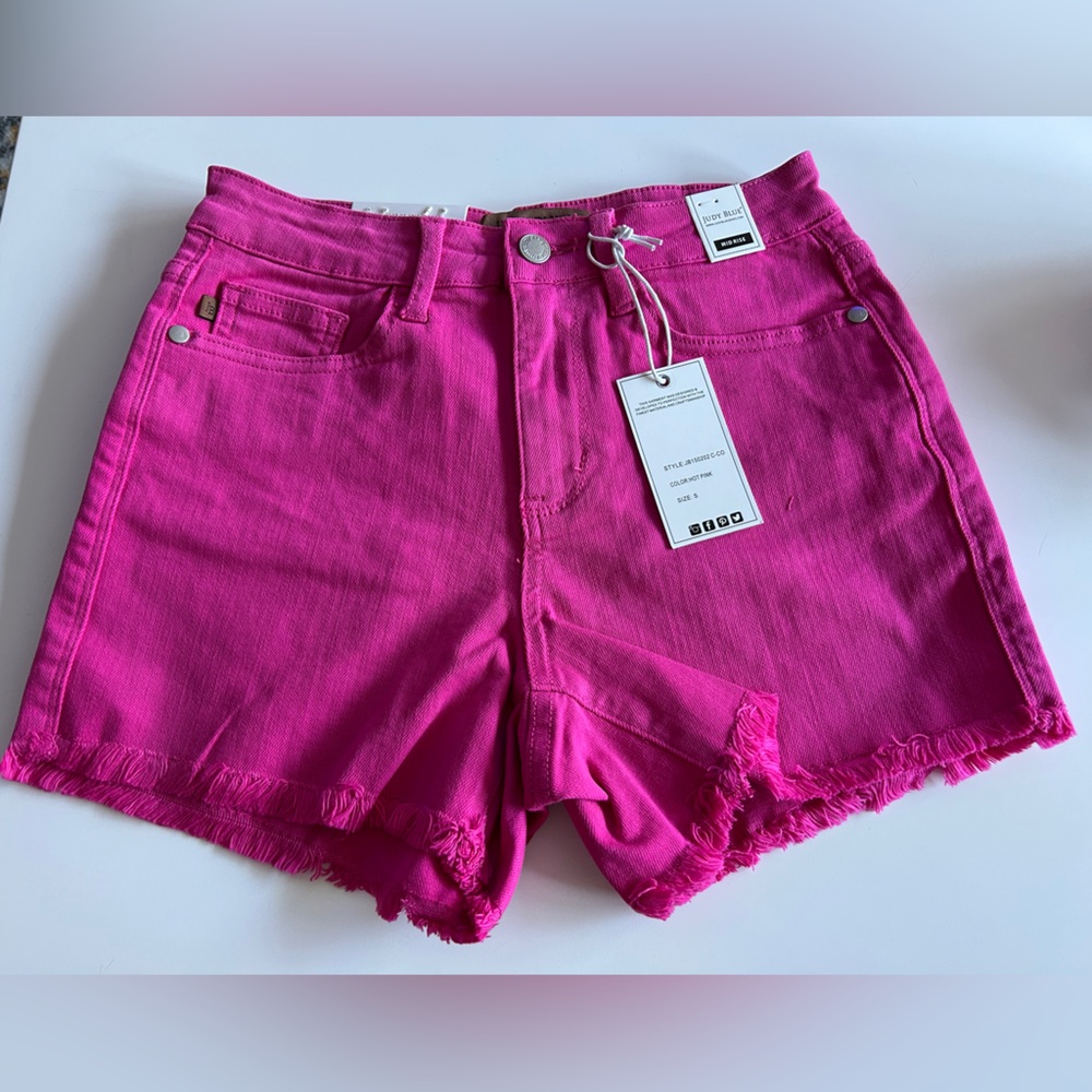 Judy Blue Hot Pink High-Rise Frayed Hem Denim Shorts